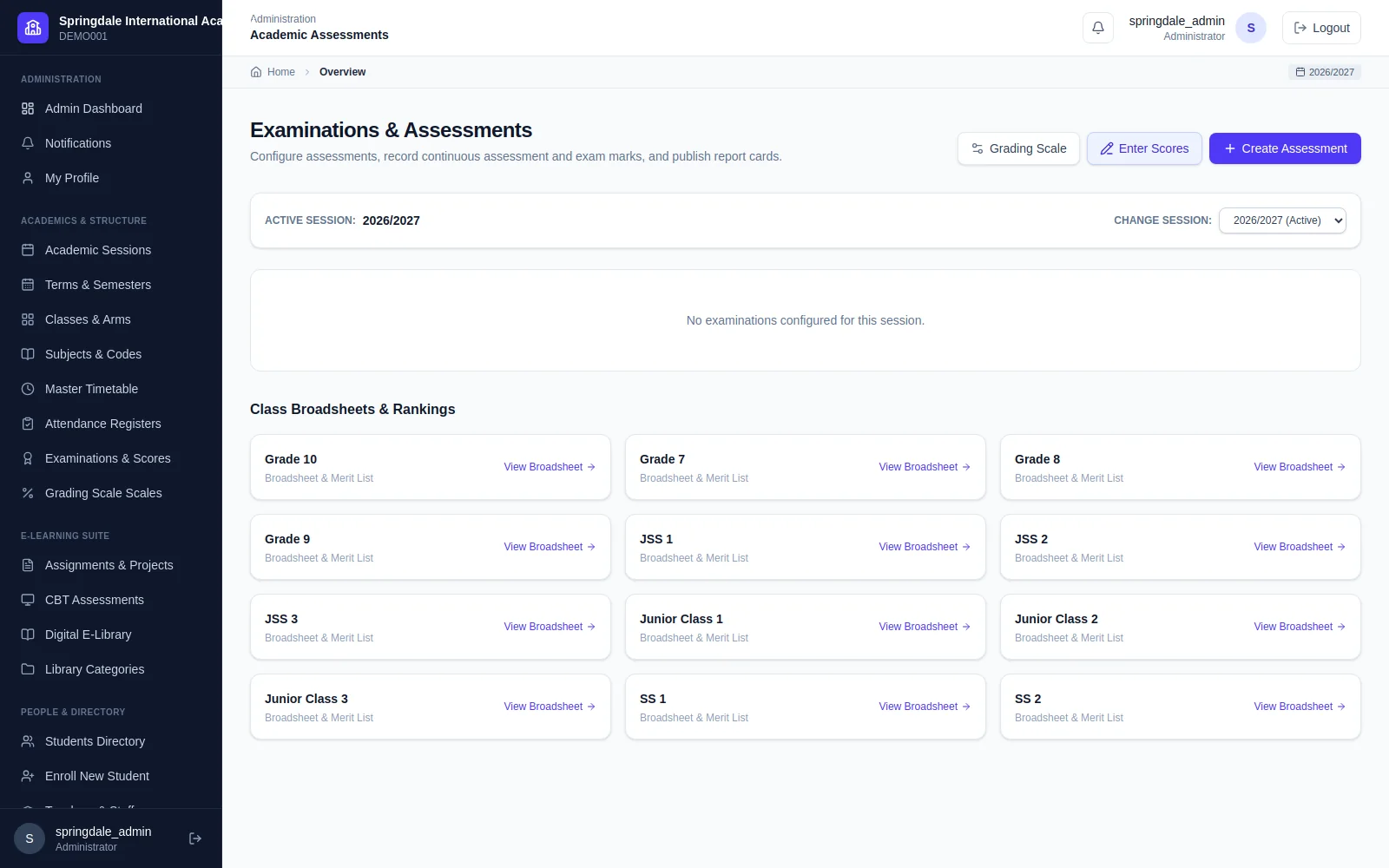 Examinations & Academic Gradebook: Continuous assessment ledger, automated score weighting, grade distribution analytics, and terminal broadsheet compiler.