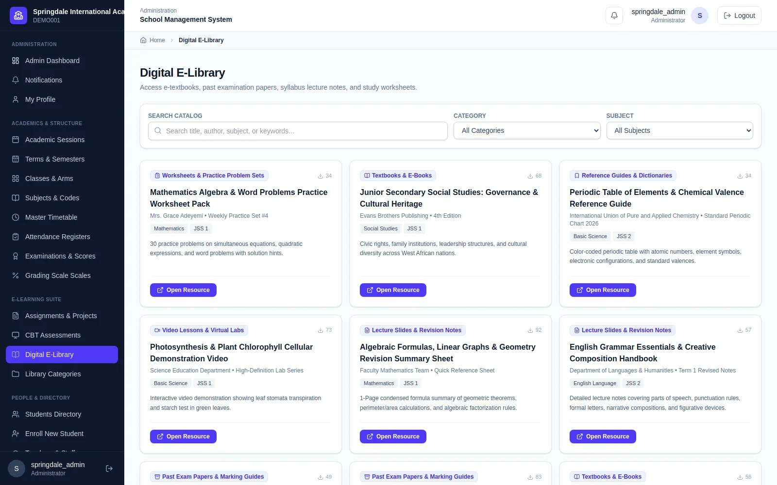 Digital E-Library & Learning Resources: Digital catalog supporting textbook lending, curriculum-aligned academic PDF repositories, and multimedia study assets.