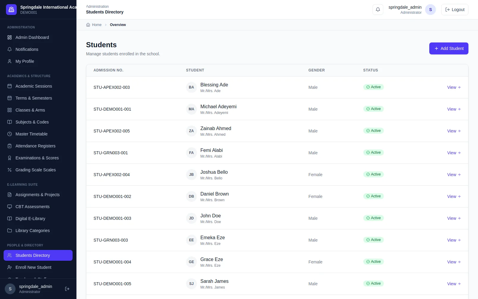 Student Information System (SIS): Filterable student roster with dynamic search, admission details, class arms, guardian linkage, and real-time attendance tracking.