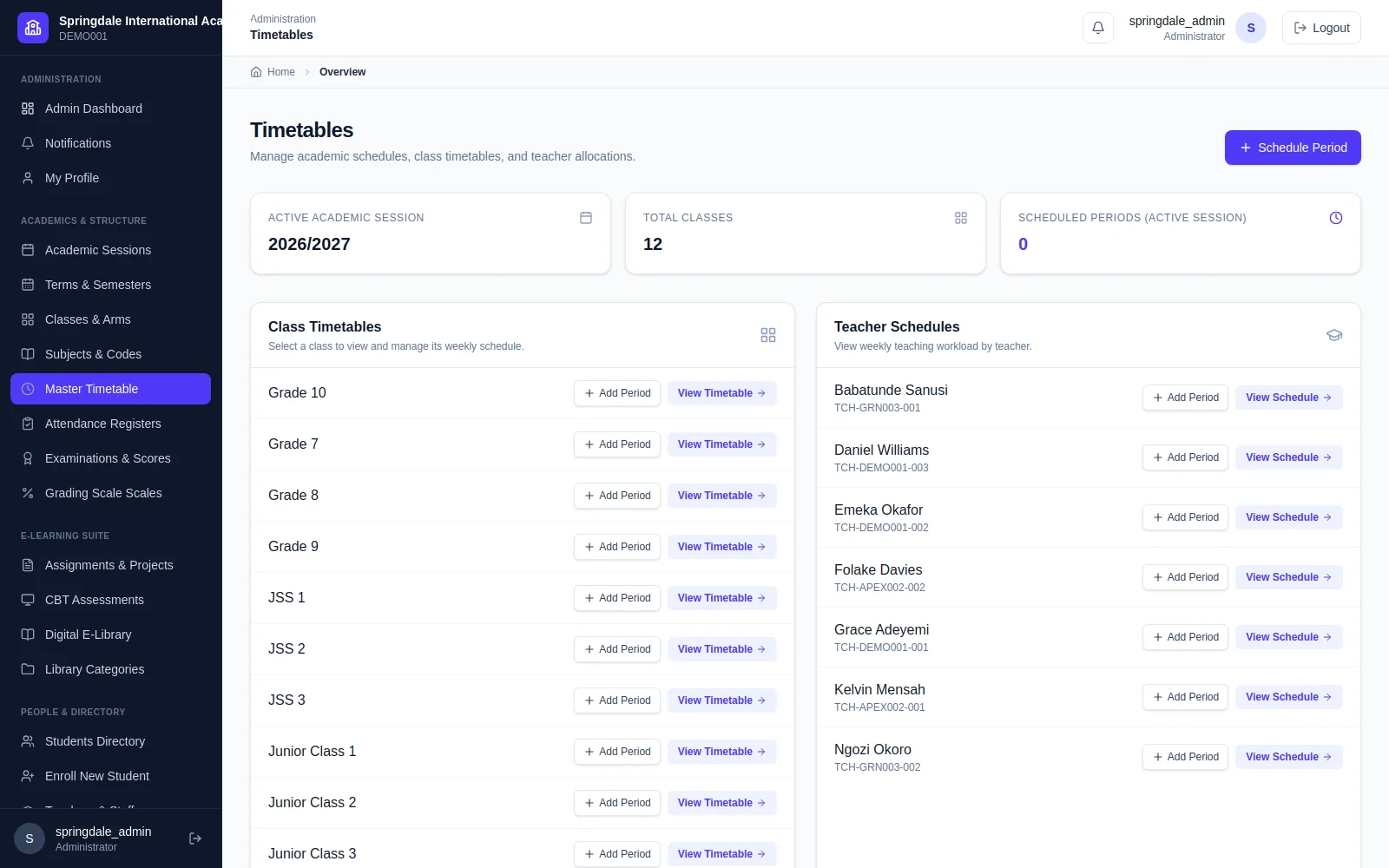 Master Timetable Scheduler Grid: Conflict-free weekly class schedule engine mapping subject periods, classroom venues, and teaching faculty across academic sessions.