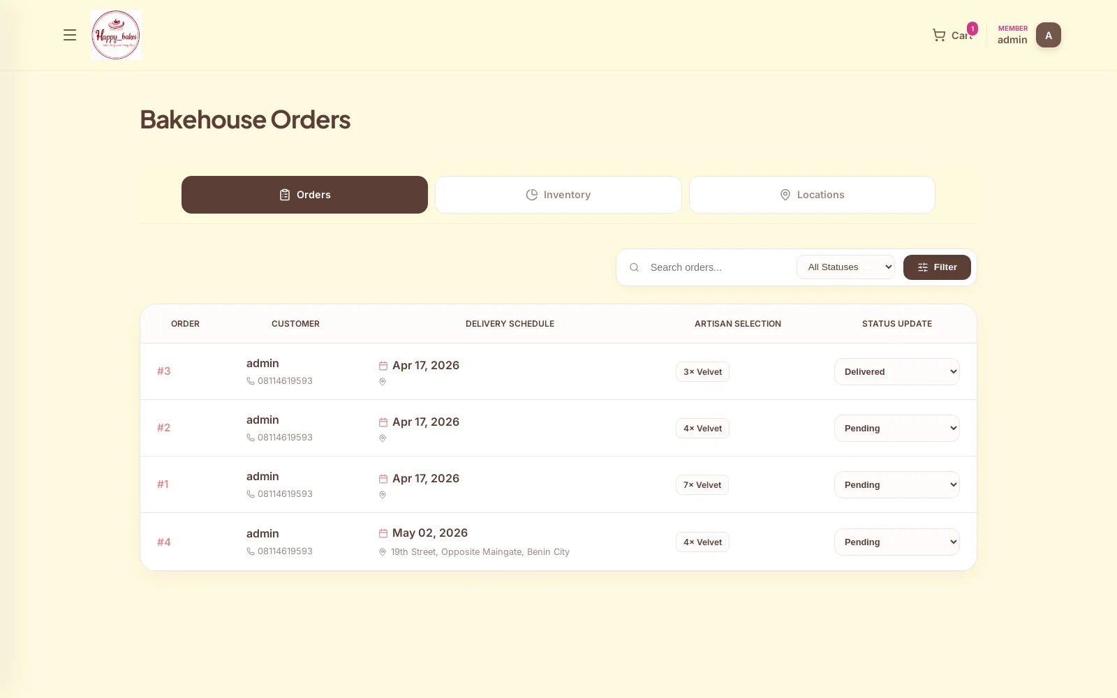 Bakehouse Production & Dispatch Queue: Operational kitchen pipeline for tracking pending bakes, decorator assignments, pickup schedules, and delivery logistics.