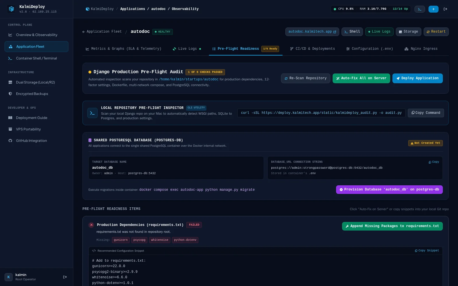Service Topology & Runtime Controls: Microservice inspection console with dynamic container health checks, autofix triggers, live restart hooks, and environment variables.