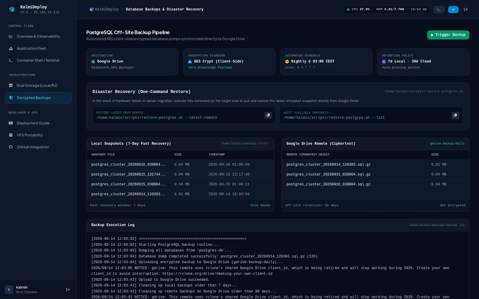 Persistent Storage & Cloud Backup Manager: Automated PostgreSQL and volume snapshot scheduler with encrypted remote Rclone bucket replication and point-in-time recovery.
