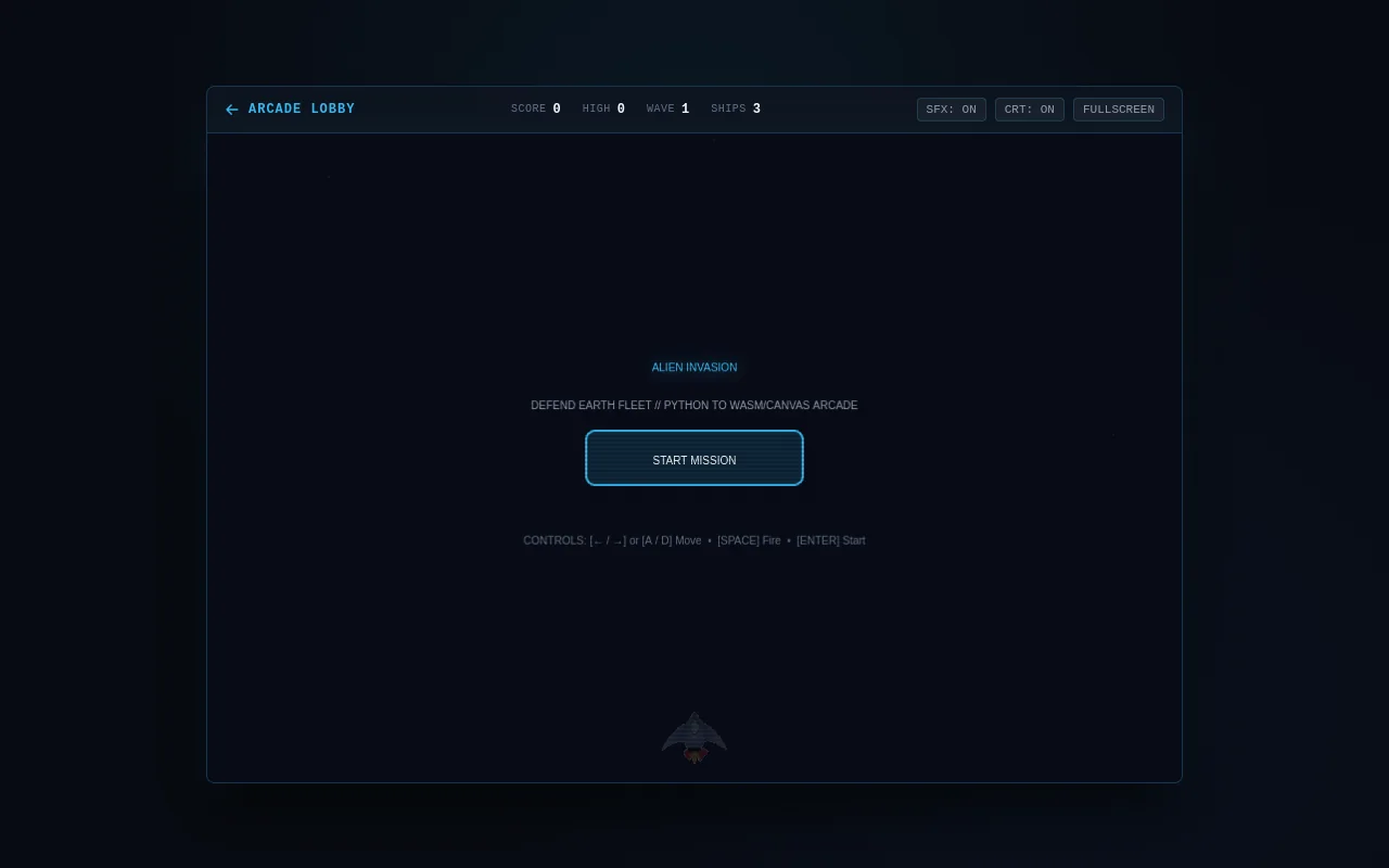 Alien Invasion Arcade: Python/Pygame game mechanics ported to zero-dependency HTML5 Canvas with WebAudio synthesis, escalating speed waves, and touch controls.