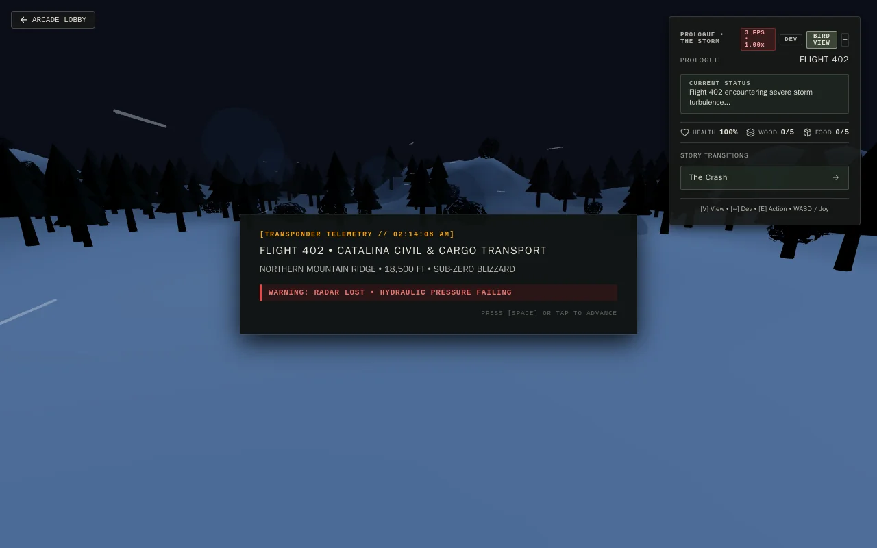 Crash Camp 3D Wilderness Survival: Sub-zero simulation built with Three.js, Cannon-es physics, Simplex procedural noise, and particle systems around Flight 402 wreckage.